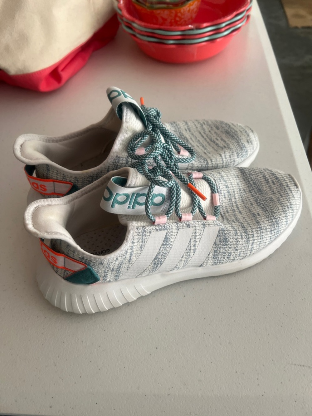 adidas womens White Knit Sneakers with Teal and Pink Accents